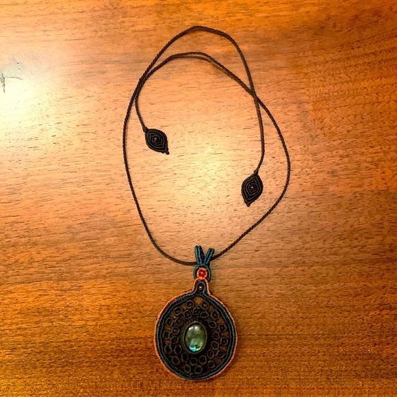 Handwoven, adjustable necklace. Center stone is a greenish-blue. - Picture 3 of 6